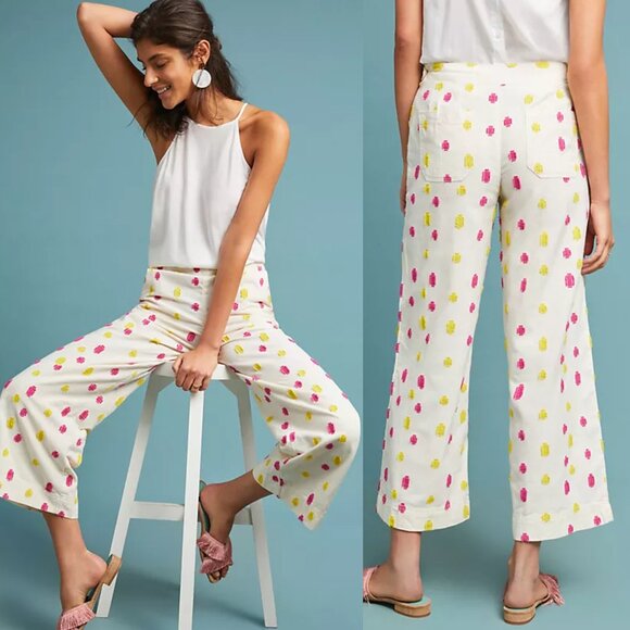 Anthro Pink & Yellow Clip Dot Cropped Wide Leg - Picture 1 of 8